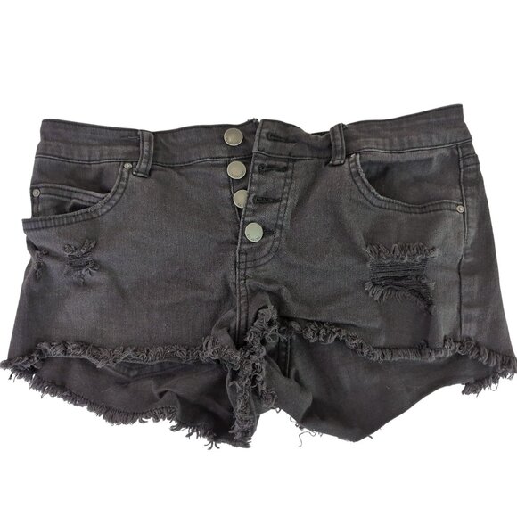 Billabong‎ Button Fly Jean Shorts Womens 28 Black Distressed Raw Hem Festival - Picture 3 of 10
